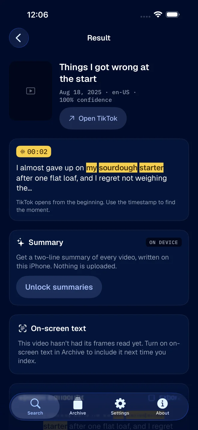 Result detail with matched transcript words and a timestamp