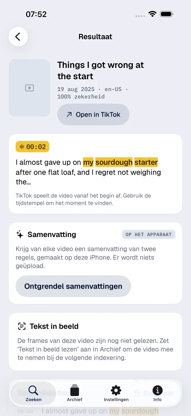 Resultaat met gemarkeerde woorden uit de transcriptie en een tijdstempel
