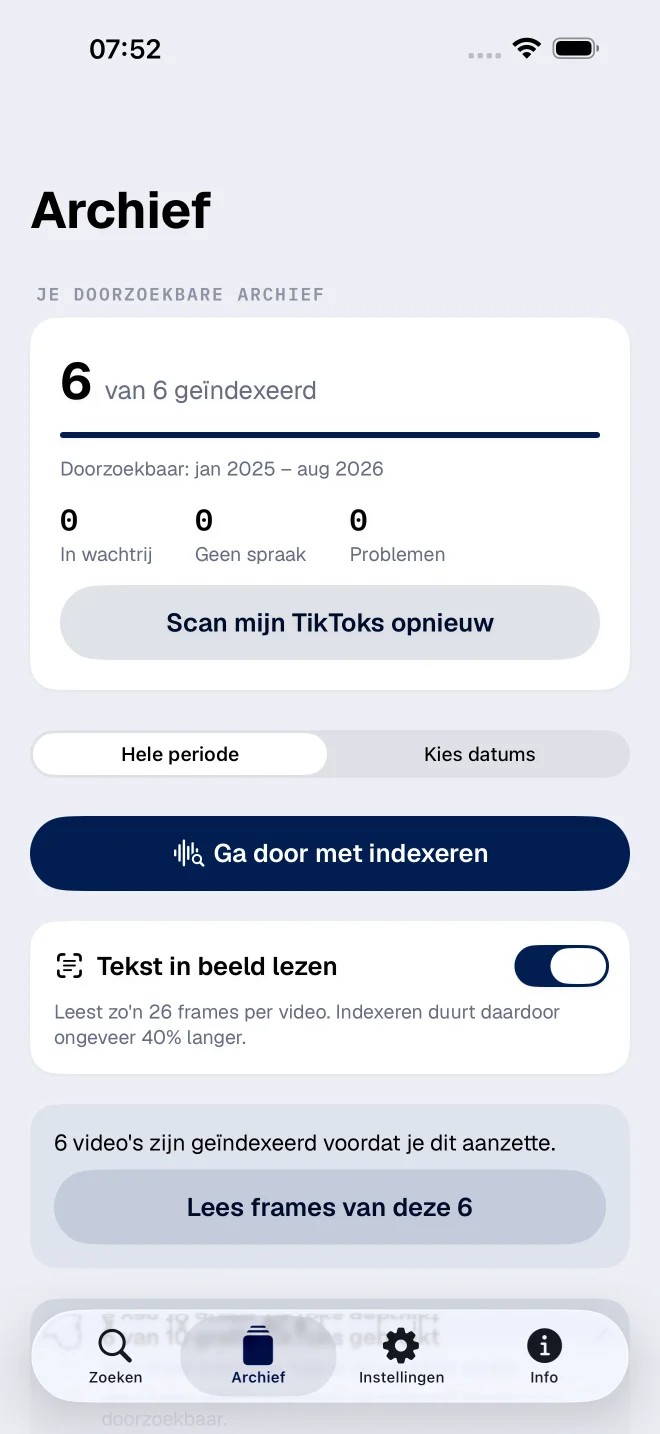 Archief met keuze voor een periode en tekst in beeld