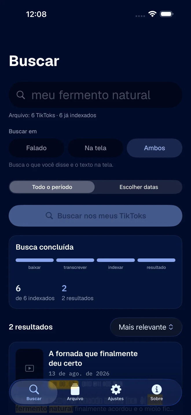 Resultados de busca por palavras faladas, com duas correspondências e marcação de tempo