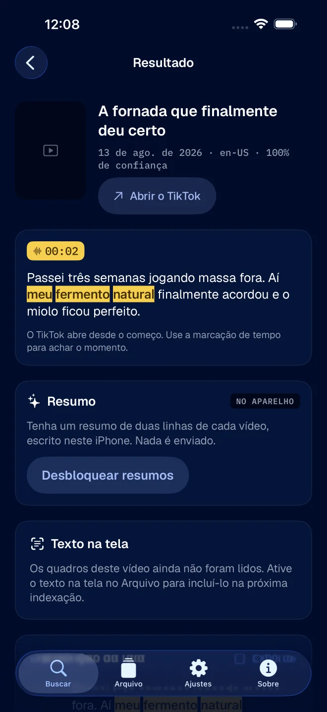 Detalhe de um resultado com palavras da transcrição e marcação de tempo