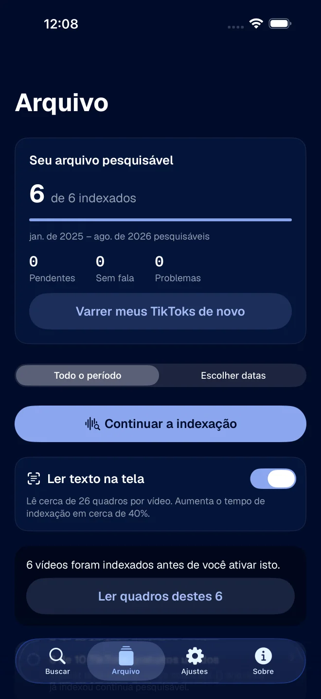 Tela Arquivo com controles de período e leitura de texto nos vídeos