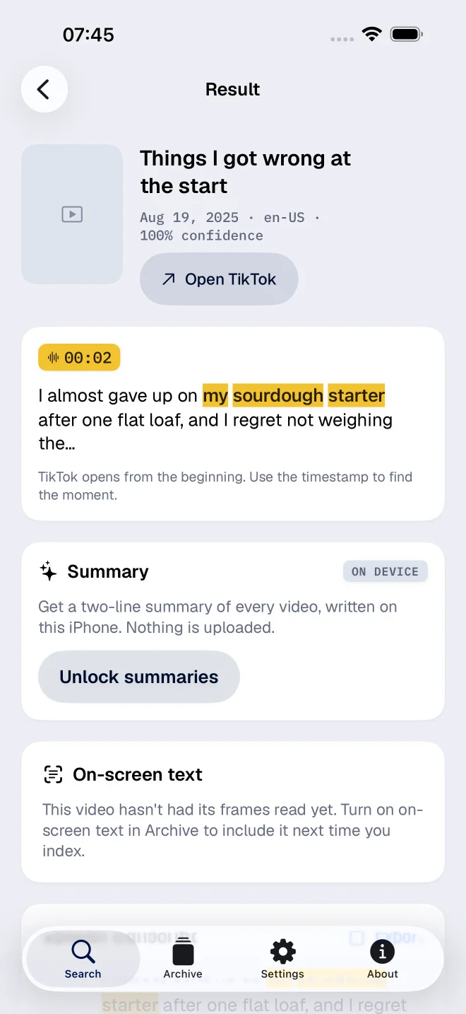 Result detail with matched transcript words and a timestamp