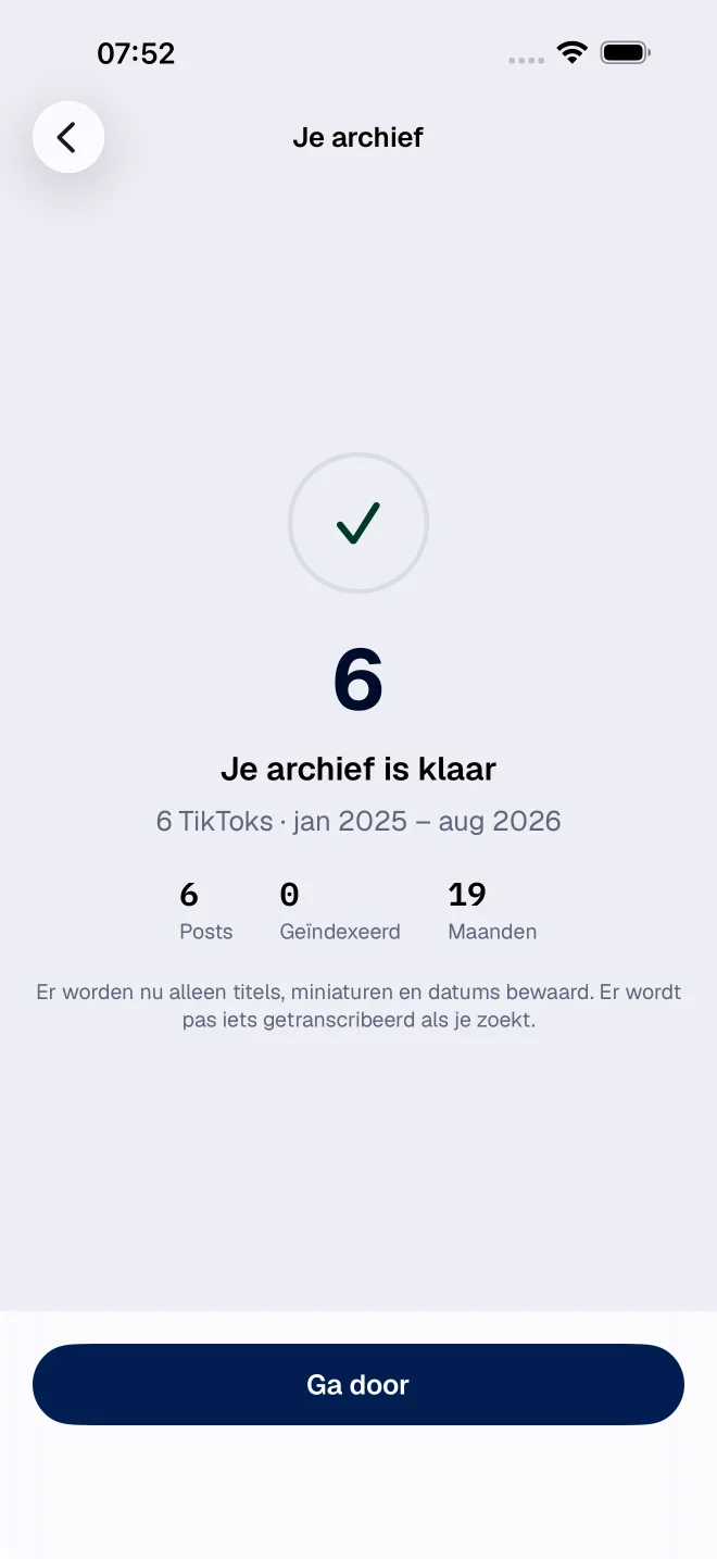 Het archief toont hoeveel TikTok-video's zijn gevonden en geïndexeerd