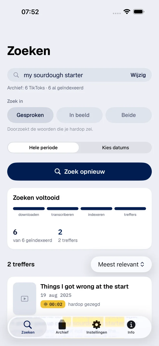 Zoekresultaten met twee treffers en een tijdstempel