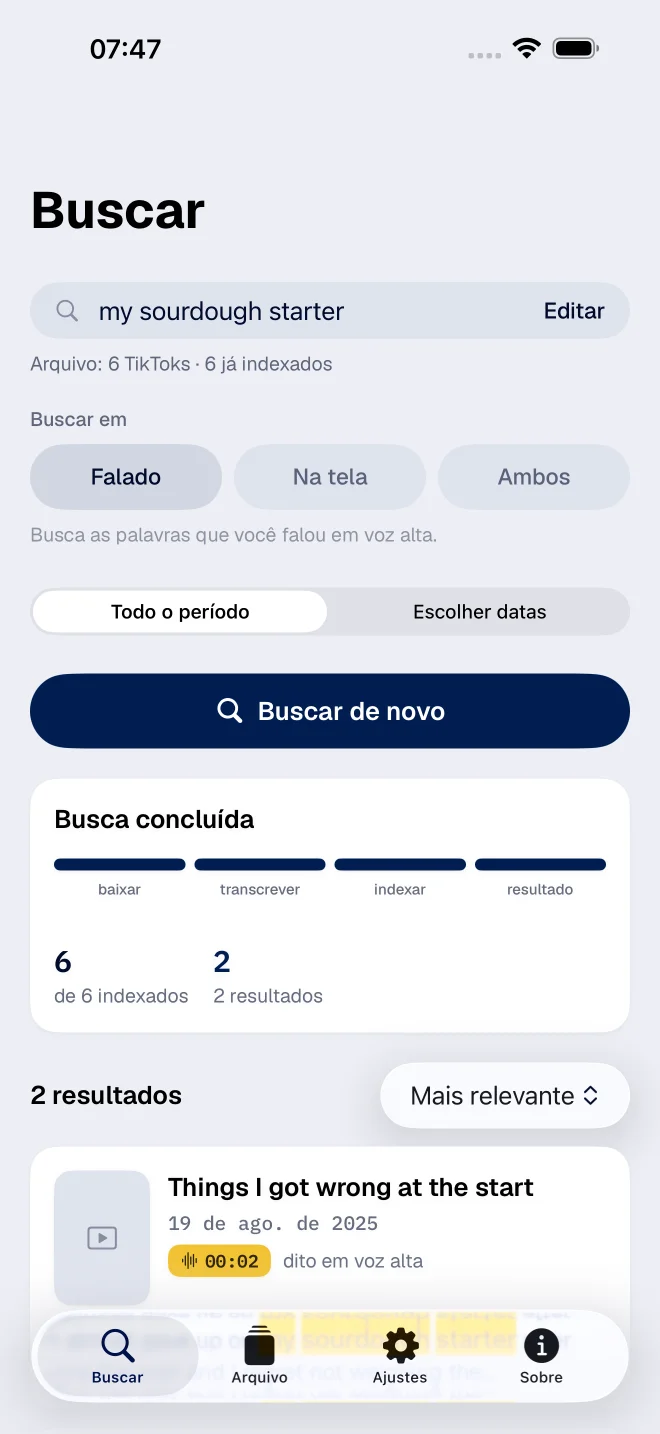 Resultados de busca por palavras faladas, com duas correspondências e marcação de tempo