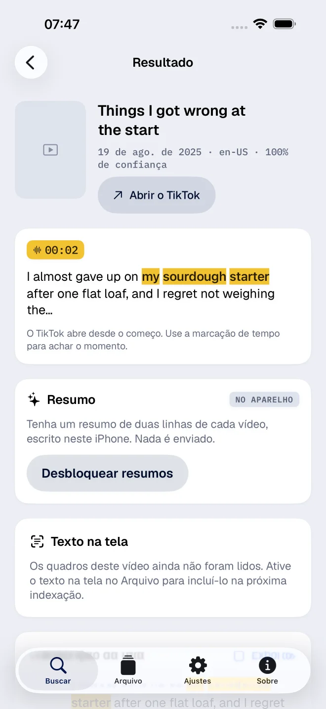Detalhe de um resultado com palavras da transcrição e marcação de tempo
