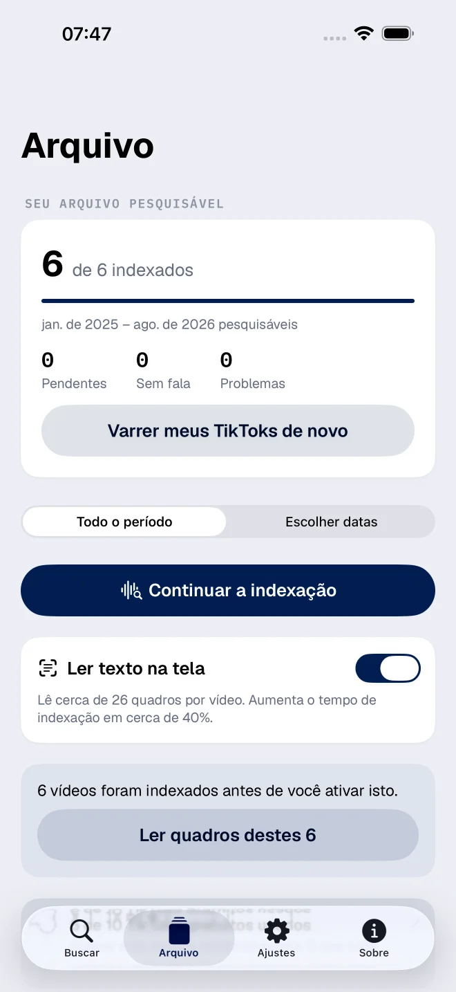 Tela Arquivo com controles de período e leitura de texto nos vídeos