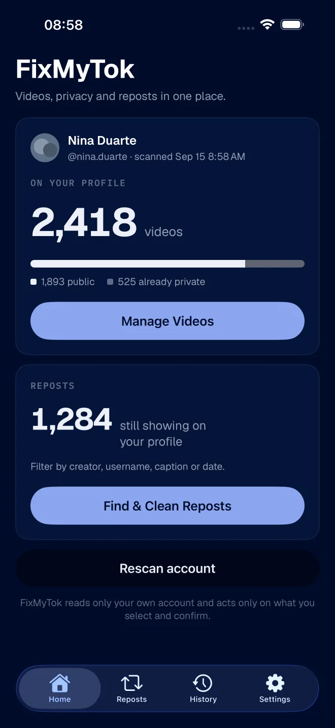 FixMyTok's dashboard with the total videos on the profile, how many are public and private, and the reposts still on the profile