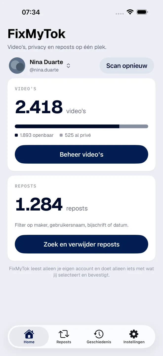 Het dashboard van FixMyTok met het totaal aantal video's op het profiel, hoeveel openbaar en privé zijn, en de reposts die nog op het profiel staan