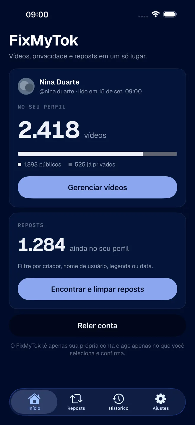 Painel do FixMyTok com o total de vídeos no perfil, quantos são públicos e privados, e os reposts que ainda estão no perfil