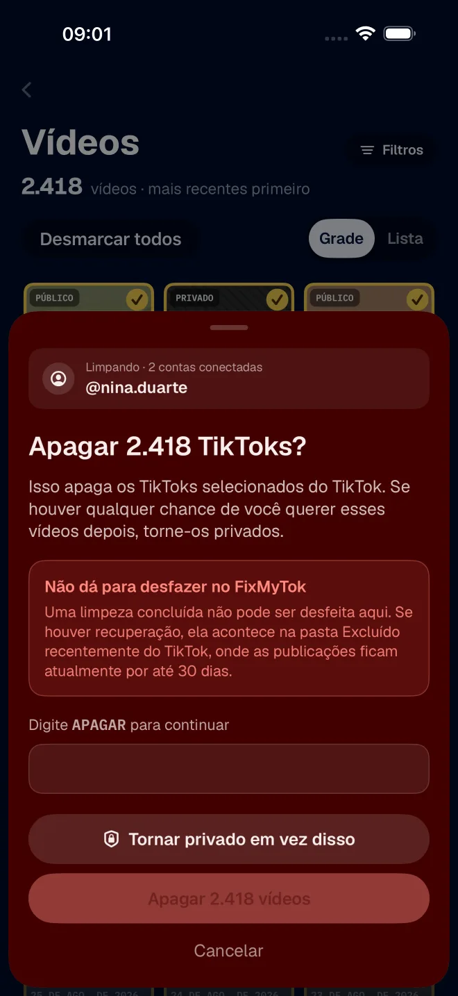 Confirmação de exclusão no FixMyTok, que pede para digitar APAGAR e oferece tornar os vídeos privados em vez disso