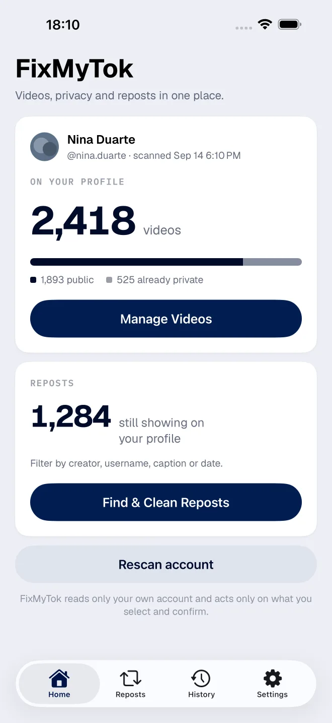 FixMyTok's dashboard with the total videos on the profile, how many are public and private, and the reposts still on the profile