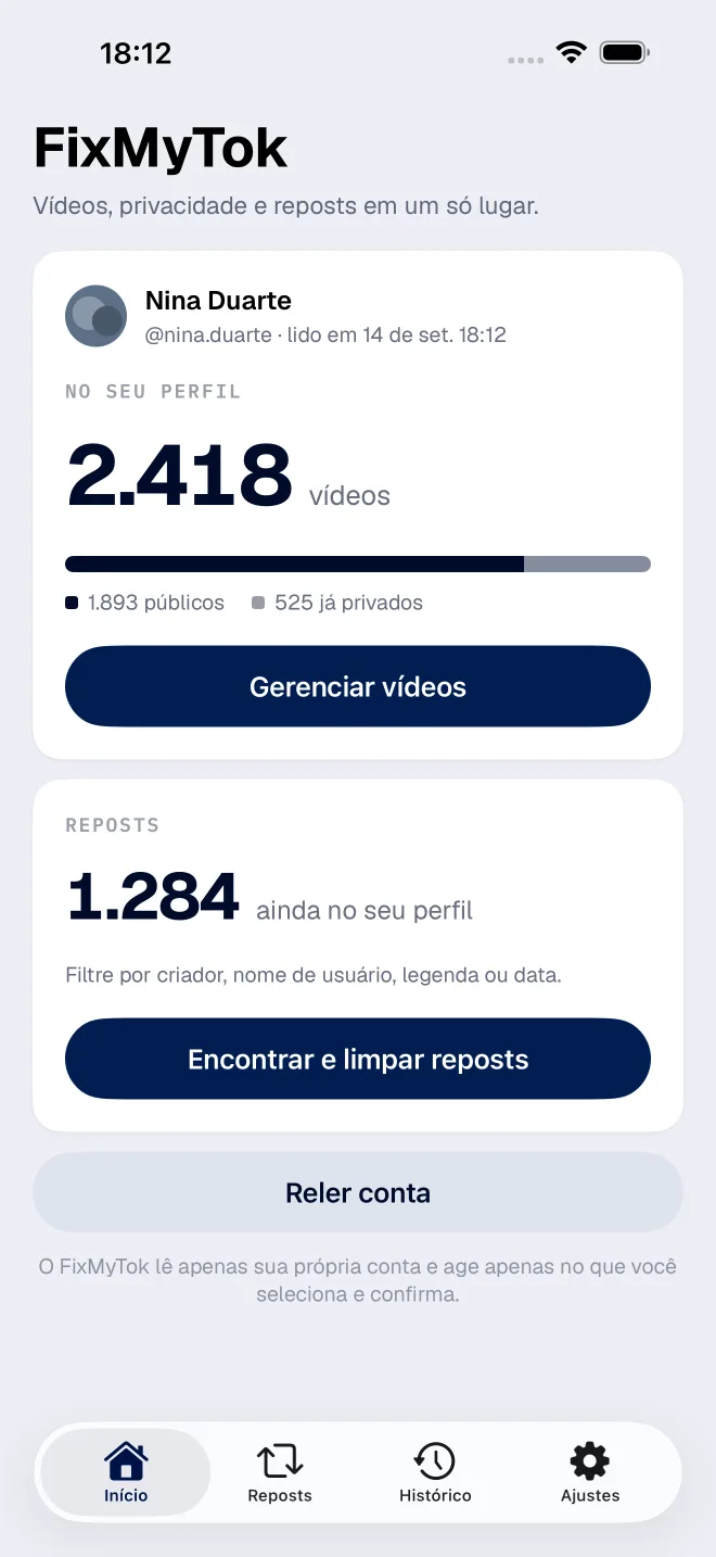 Painel do FixMyTok com o total de vídeos no perfil, quantos são públicos e privados, e os reposts que ainda estão no perfil
