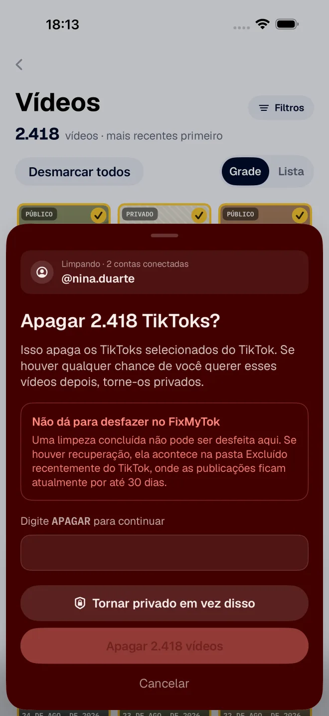 Confirmação de exclusão no FixMyTok, que pede para digitar APAGAR e oferece tornar os vídeos privados em vez disso